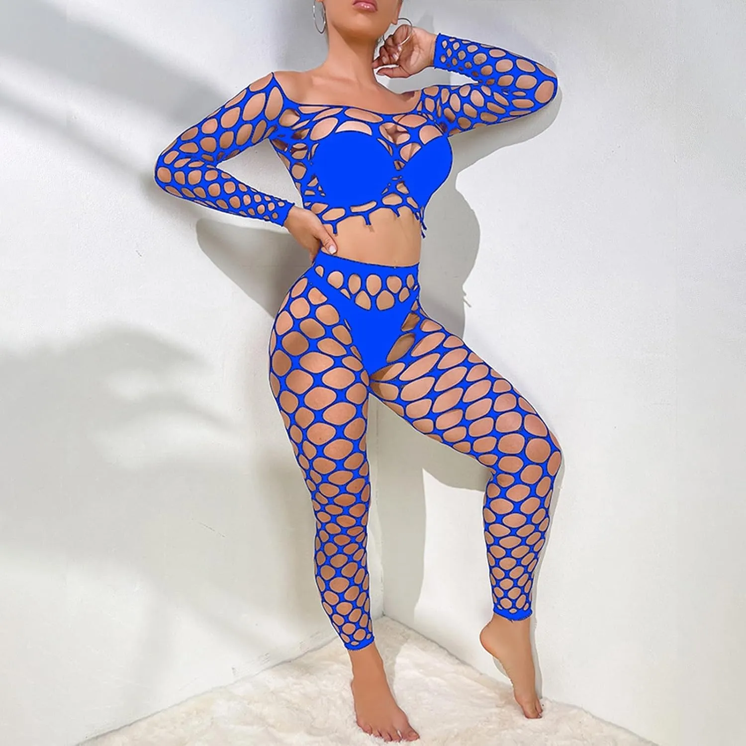 Women's Plus Size Sexy Diamond Black Fishnet Bodysuit Free Size Bodysuit Two Piece Sheer Lace Outfits Exotic Sets