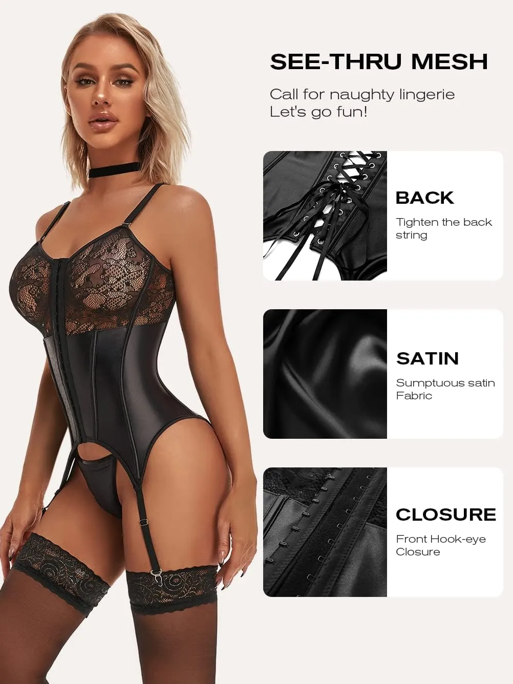 Women's Sexy Lace Lingerie Set with Garter Belt Bodysuit Teddy and Panty