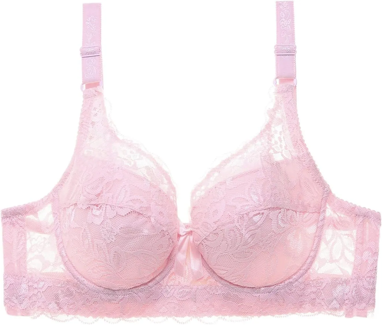 Women's Sexy Lace Push Up Bra, Sheer Balconette No Underwire Unlined Everyday Bras Support Bra Add Cup Size