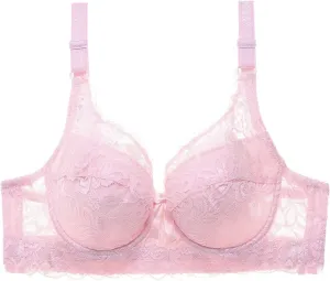 Women's Sexy Lace Push Up Bra, Sheer Balconette No Underwire Unlined Everyday Bras Support Bra Add Cup Size