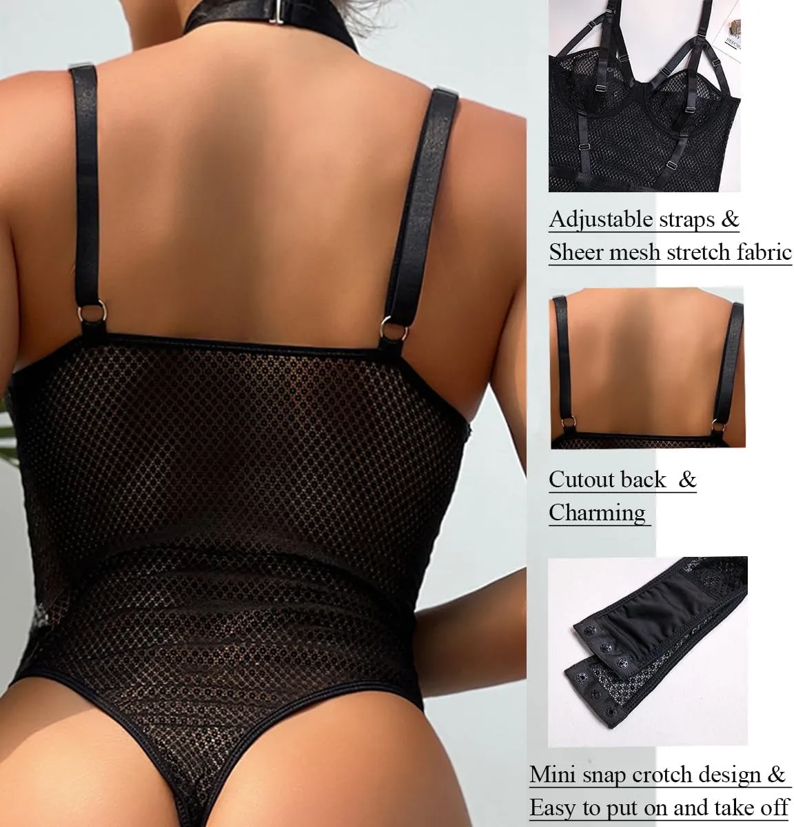 Women's Sexy Lingerie One Piece Bodysuit Mesh Underwire Strappy Babydoll Teddy Lingeries with Choker