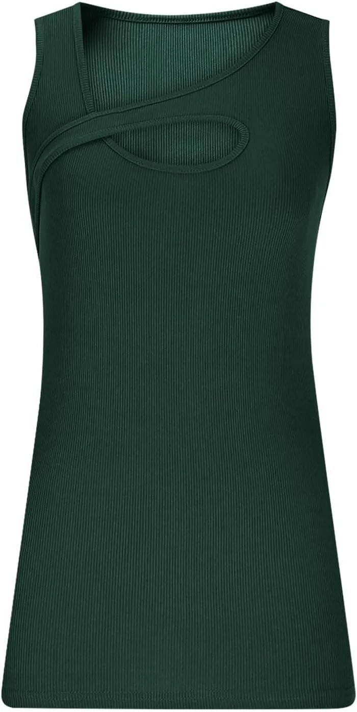 Womens Summer Cutout Tank Tops Ribbed Knit Sleeveless Shirts Slim Fitted Tanks Y2K Sexy Basic Tee Shirt Outfits
