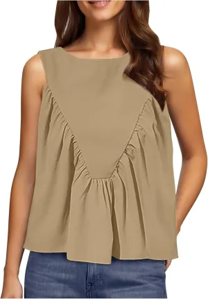 Womens Summer Pleated Peplum Tops Sleeveless Ruffle Tank Top Round Neck Y2K Babydoll Blouse Loose Fit Casual Shirt
