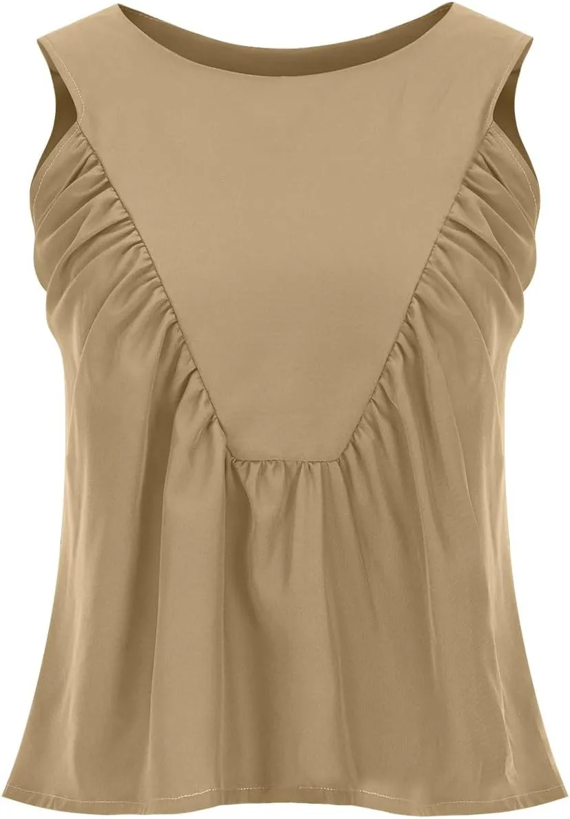 Womens Summer Pleated Peplum Tops Sleeveless Ruffle Tank Top Round Neck Y2K Babydoll Blouse Loose Fit Casual Shirt