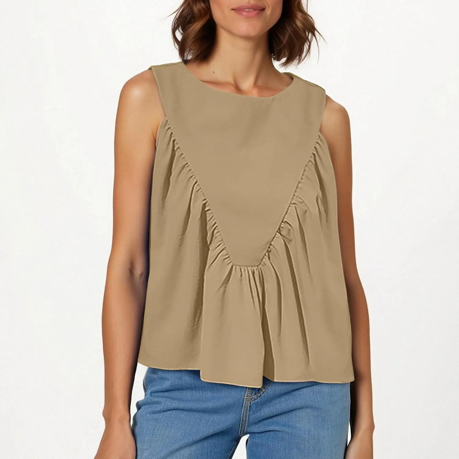 Womens Summer Pleated Peplum Tops Sleeveless Ruffle Tank Top Round Neck Y2K Babydoll Blouse Loose Fit Casual Shirt