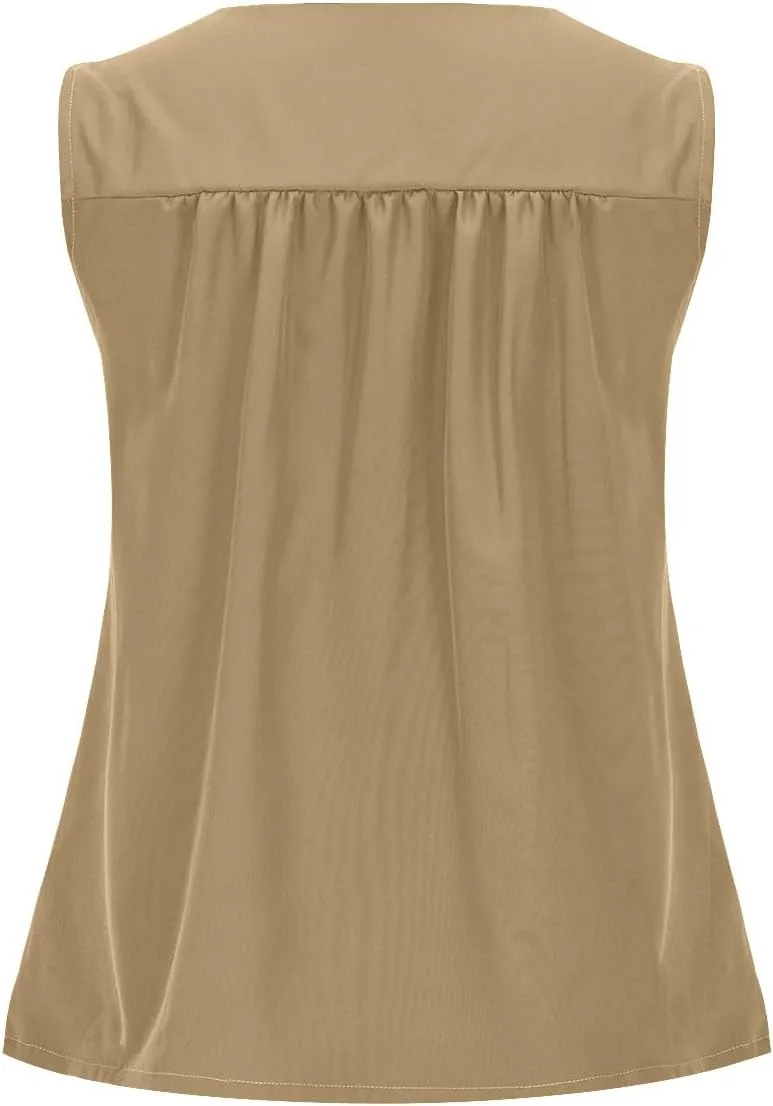 Womens Summer Pleated Peplum Tops Sleeveless Ruffle Tank Top Round Neck Y2K Babydoll Blouse Loose Fit Casual Shirt