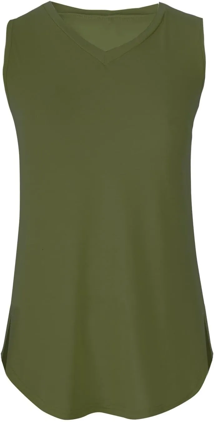Womens Summer Tank Tops 2025 V Neck Sleeveless Tunic Shirts Casual Loose Fit Tshirts Side Split Going Out Tops