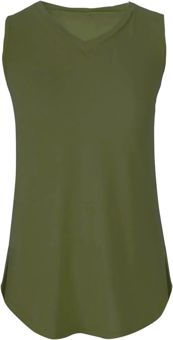 Womens Summer Tank Tops 2025 V Neck Sleeveless Tunic Shirts Casual Loose Fit Tshirts Side Split Going Out Tops
