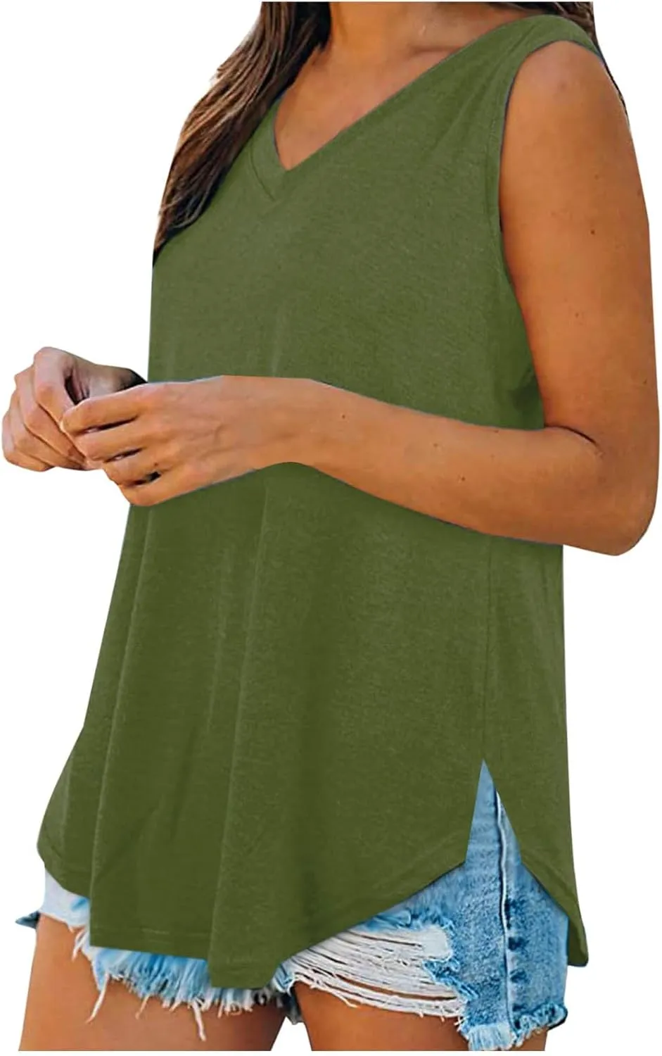 Womens Summer Tank Tops 2025 V Neck Sleeveless Tunic Shirts Casual Loose Fit Tshirts Side Split Going Out Tops