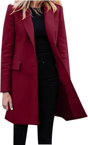 Women's Winter Double Breasted Pea Coat Wool Blend Long Sleeve Notch Lapel Casual Long Trench Coat Open Front Jacket