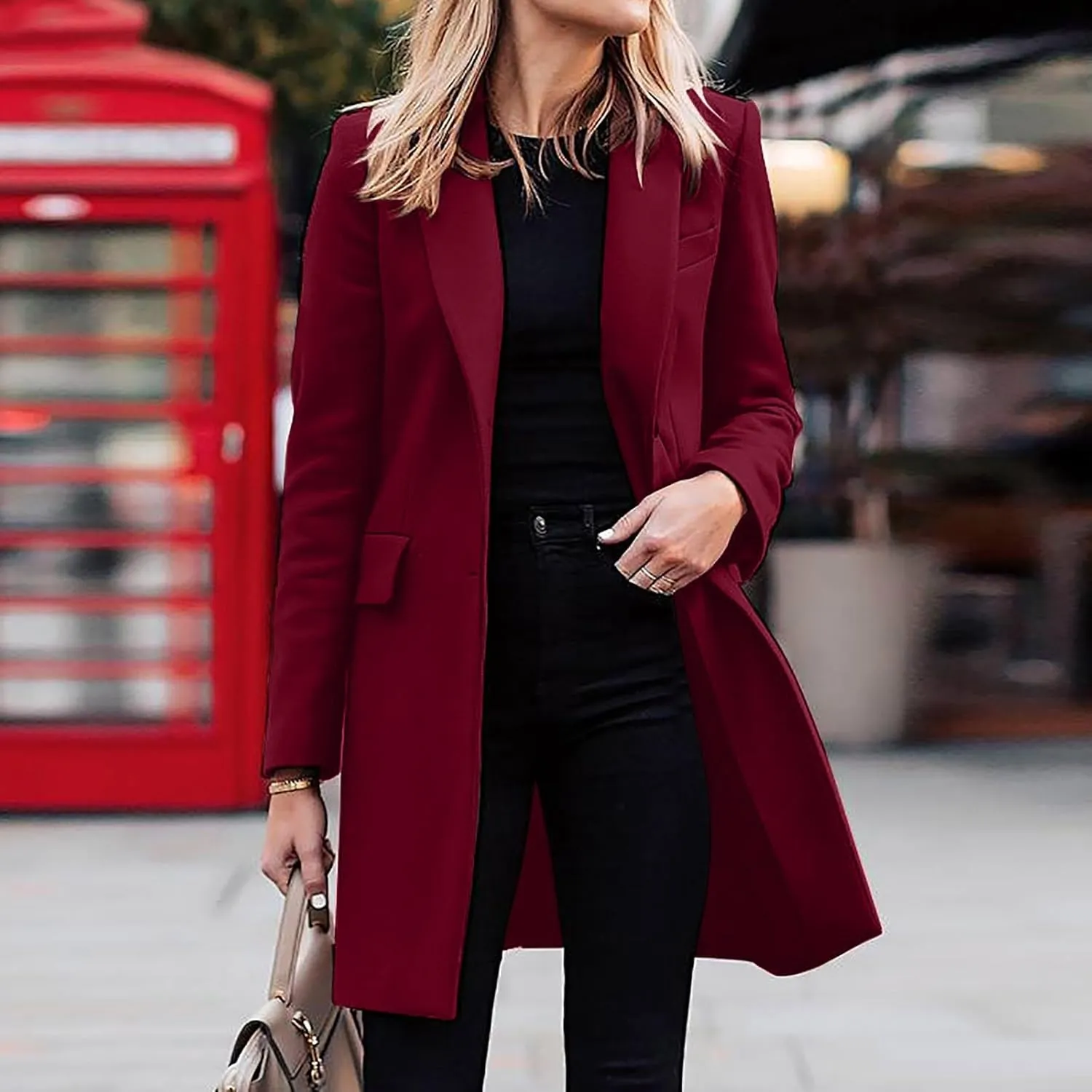 Women's Winter Double Breasted Pea Coat Wool Blend Long Sleeve Notch Lapel Casual Long Trench Coat Open Front Jacket