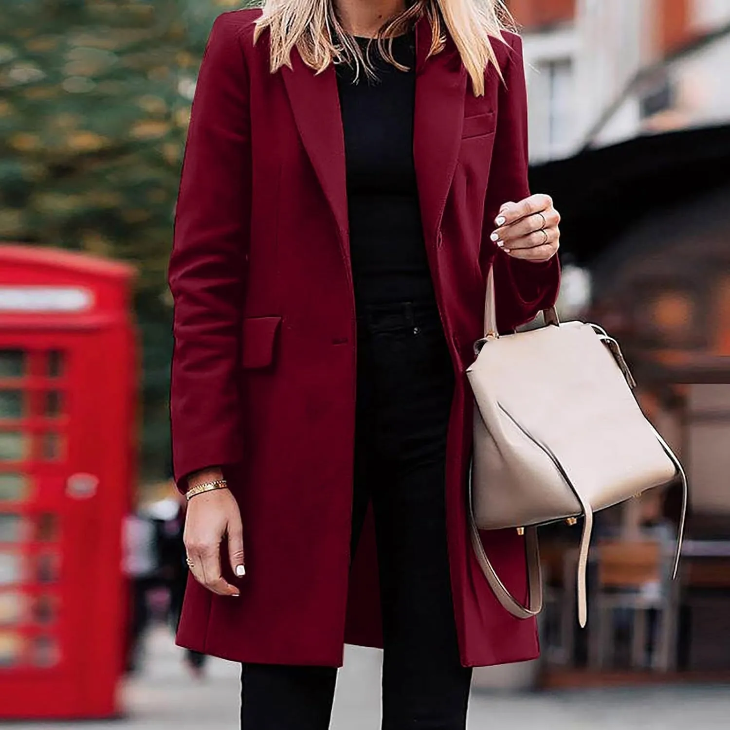 Women's Winter Double Breasted Pea Coat Wool Blend Long Sleeve Notch Lapel Casual Long Trench Coat Open Front Jacket