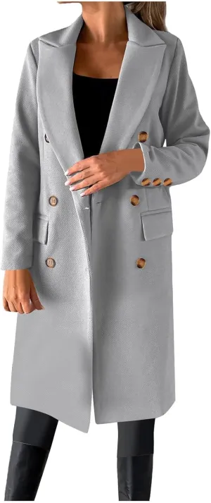 Women's Winter Wool Coats Double-Breasted Notched Lapel Warm Work Jacket Midi Long Peacoat Long Sleeve Solid Pea Coat