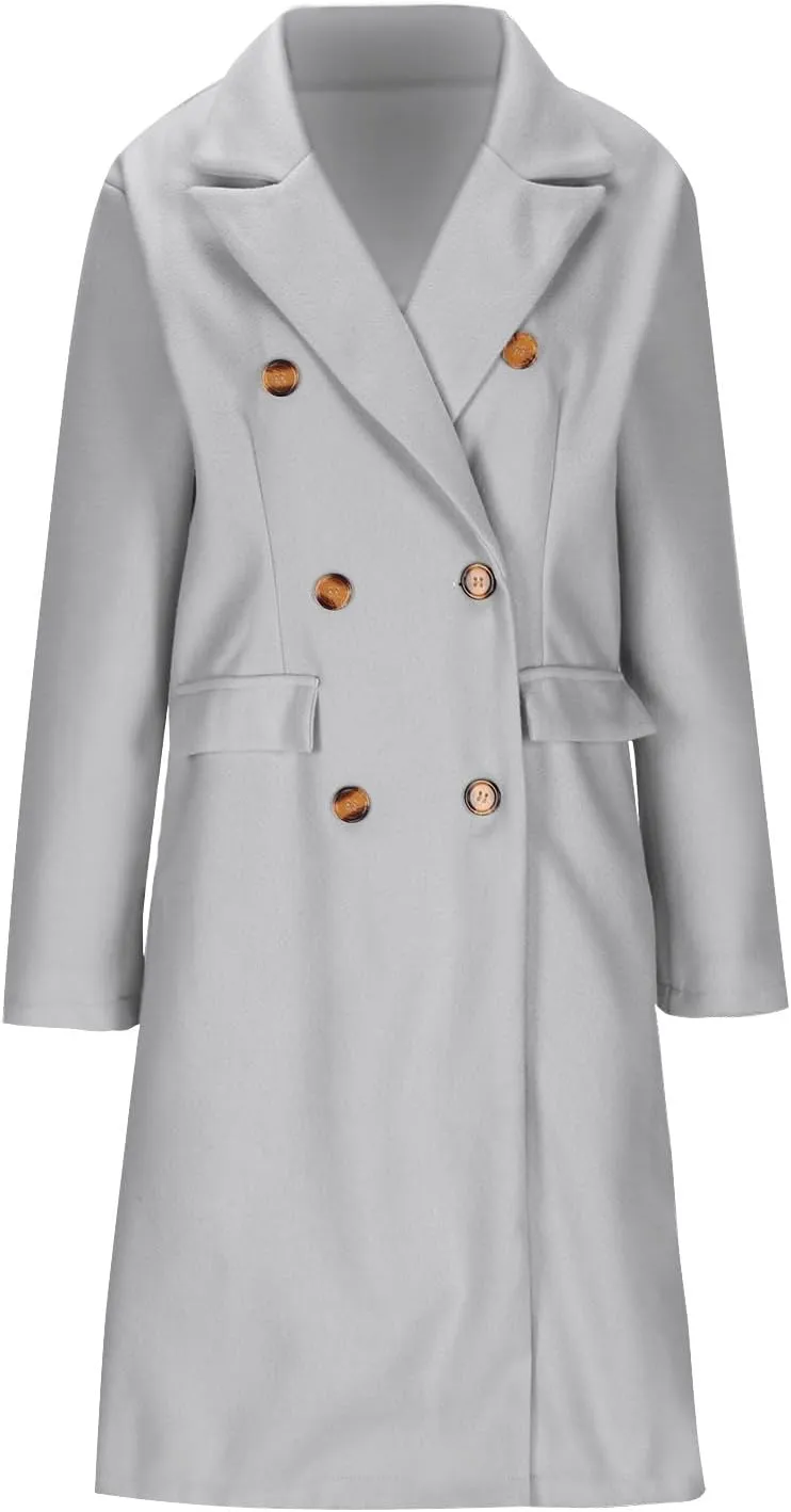 Women's Winter Wool Coats Double-Breasted Notched Lapel Warm Work Jacket Midi Long Peacoat Long Sleeve Solid Pea Coat