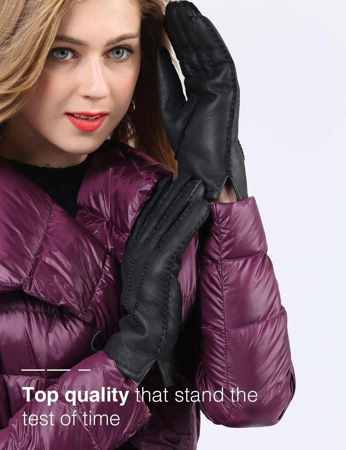 YISEVEN Women's Lambskin Shearling Leather Gloves Three Points