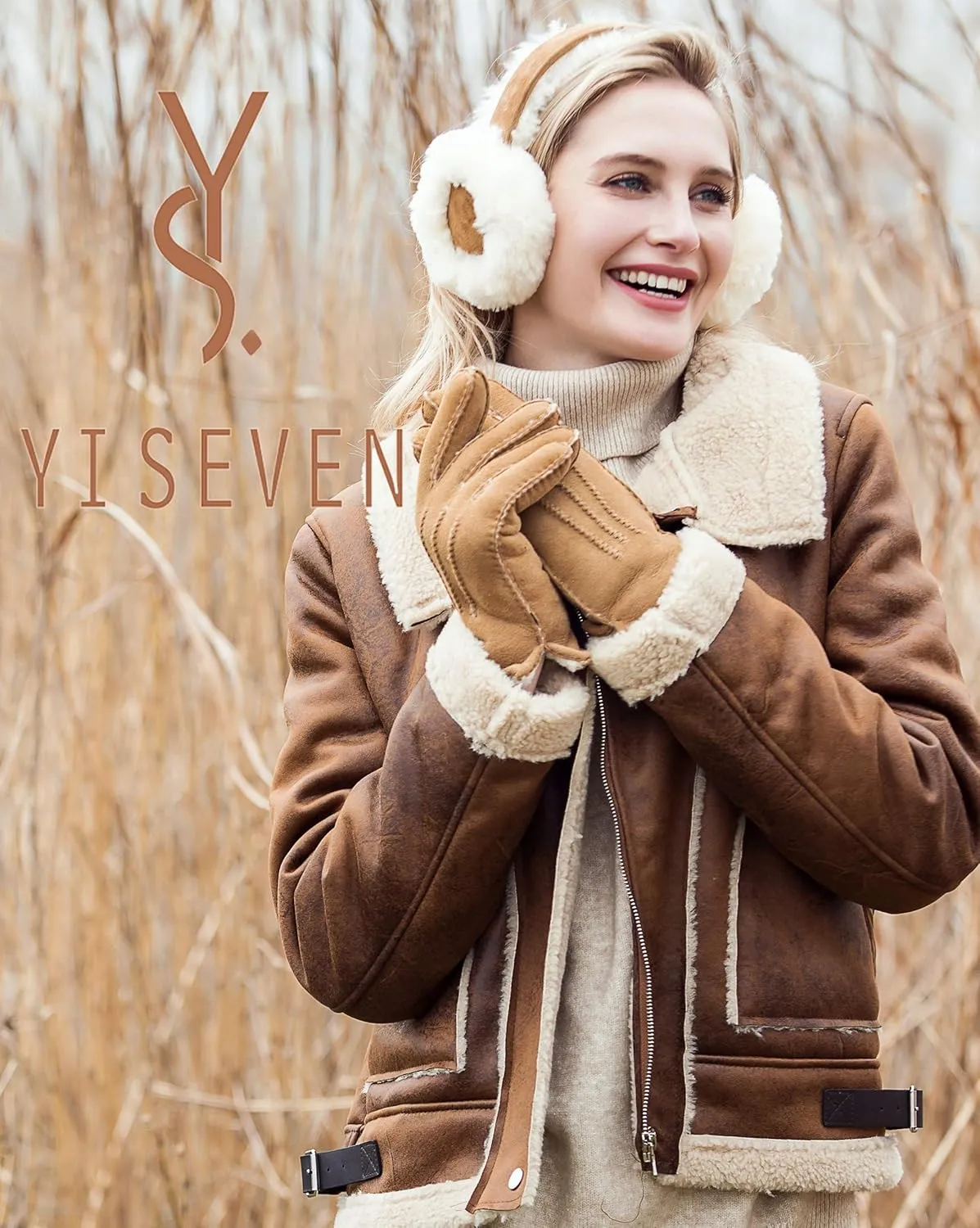YISEVEN Women's Lambskin Shearling Leather Gloves Three Points
