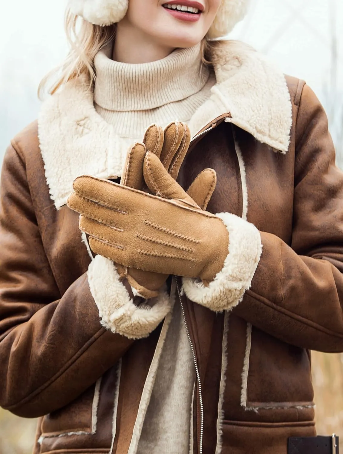 YISEVEN Women's Lambskin Shearling Leather Gloves Three Points
