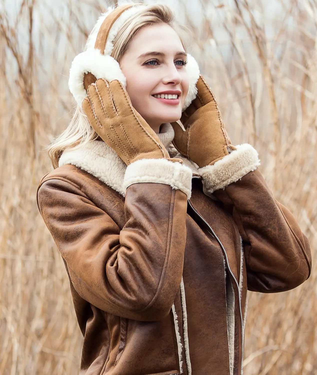 YISEVEN Women's Lambskin Shearling Leather Gloves Three Points