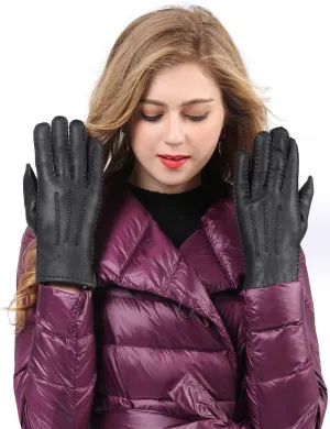 YISEVEN Women's Lambskin Shearling Leather Gloves Three Points