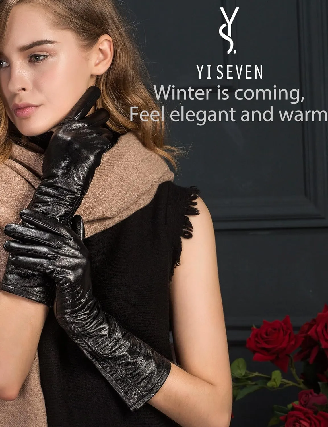 YISEVEN Women’s Mid Length Long Leather Gloves Touchscreen with Wrinkled Design