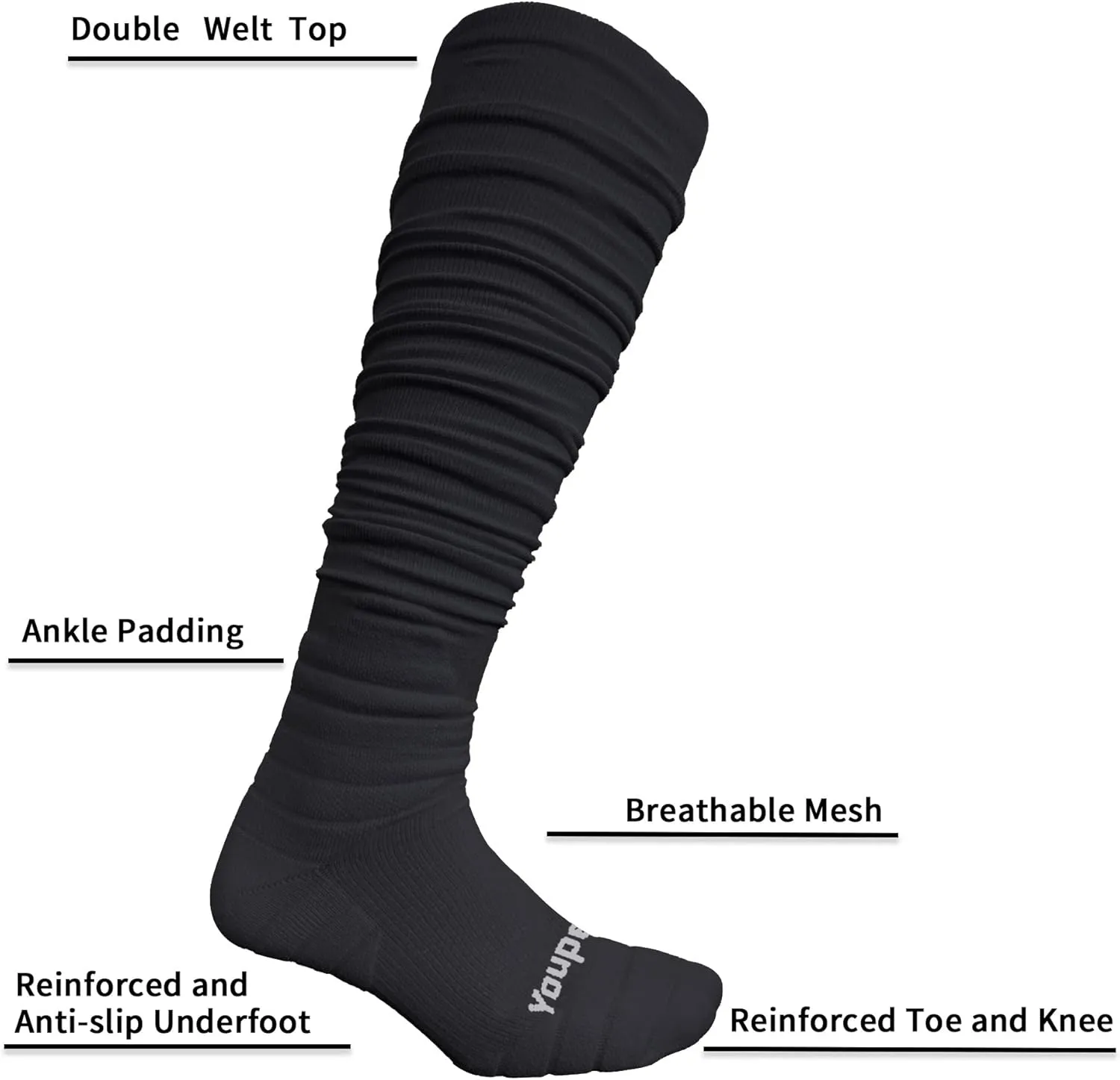 Youper Scrunch Padded Football Socks 2 Pack, Extra Long Sports Soccer Socks for Men & Boys