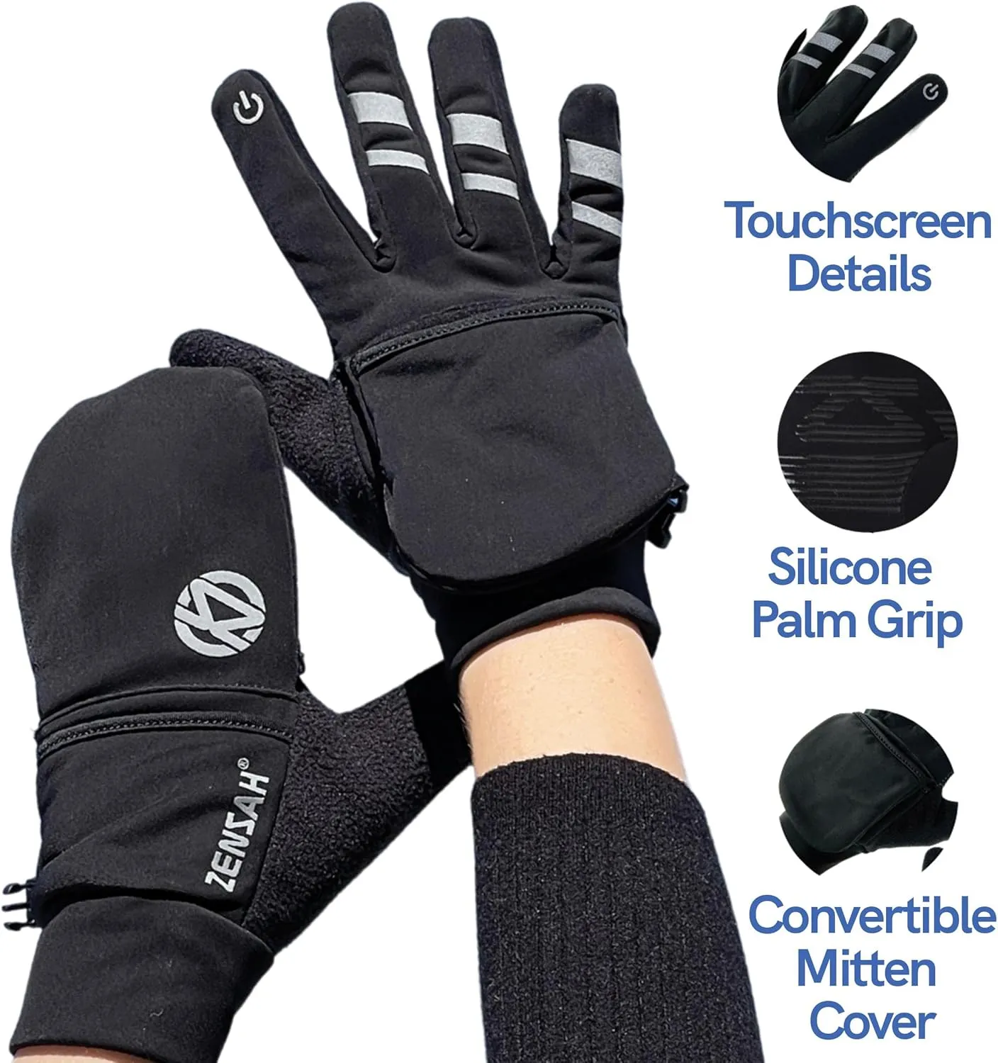 Zensah Convertible Running Mittens and Gloves - Warm Touchscreen Cold Winter Gloves for Women and Men
