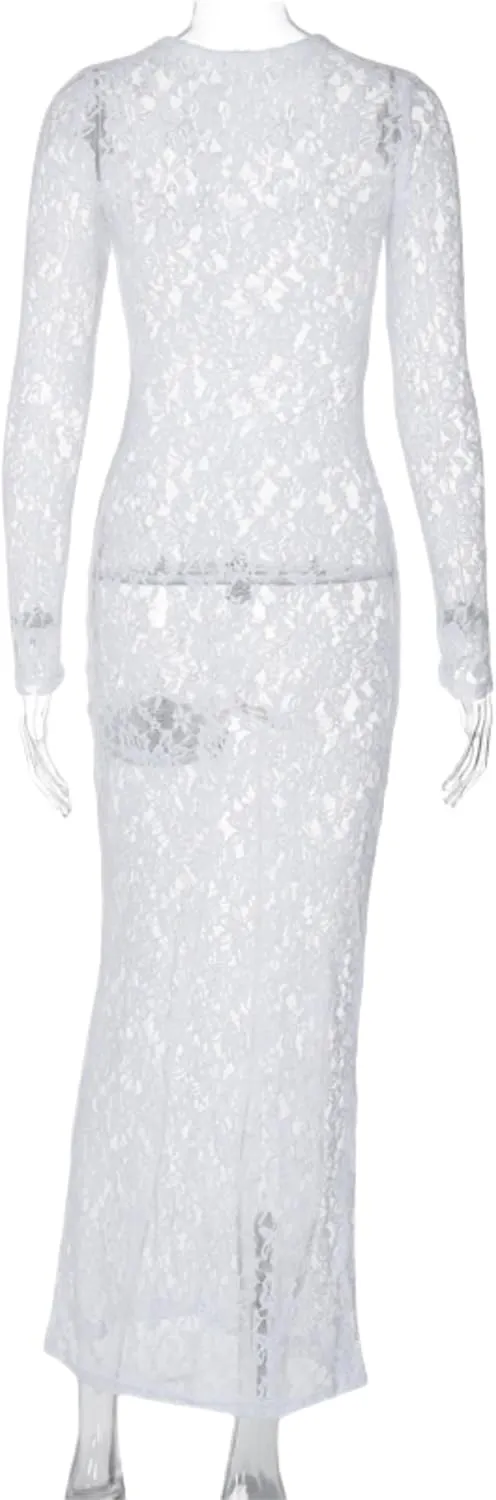 ZGMYC Women's Elegant Floral Lace Maxi Dress Sexy See Through Long Sleeve Evening Dress Party Cocktail Dress Beach Cover Ups
