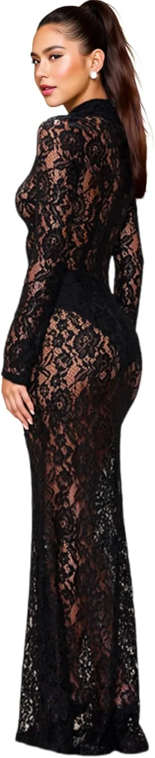 ZGMYC Women's Elegant Floral Lace Maxi Dress Sexy See Through Long Sleeve Evening Dress Party Cocktail Dress Beach Cover Ups