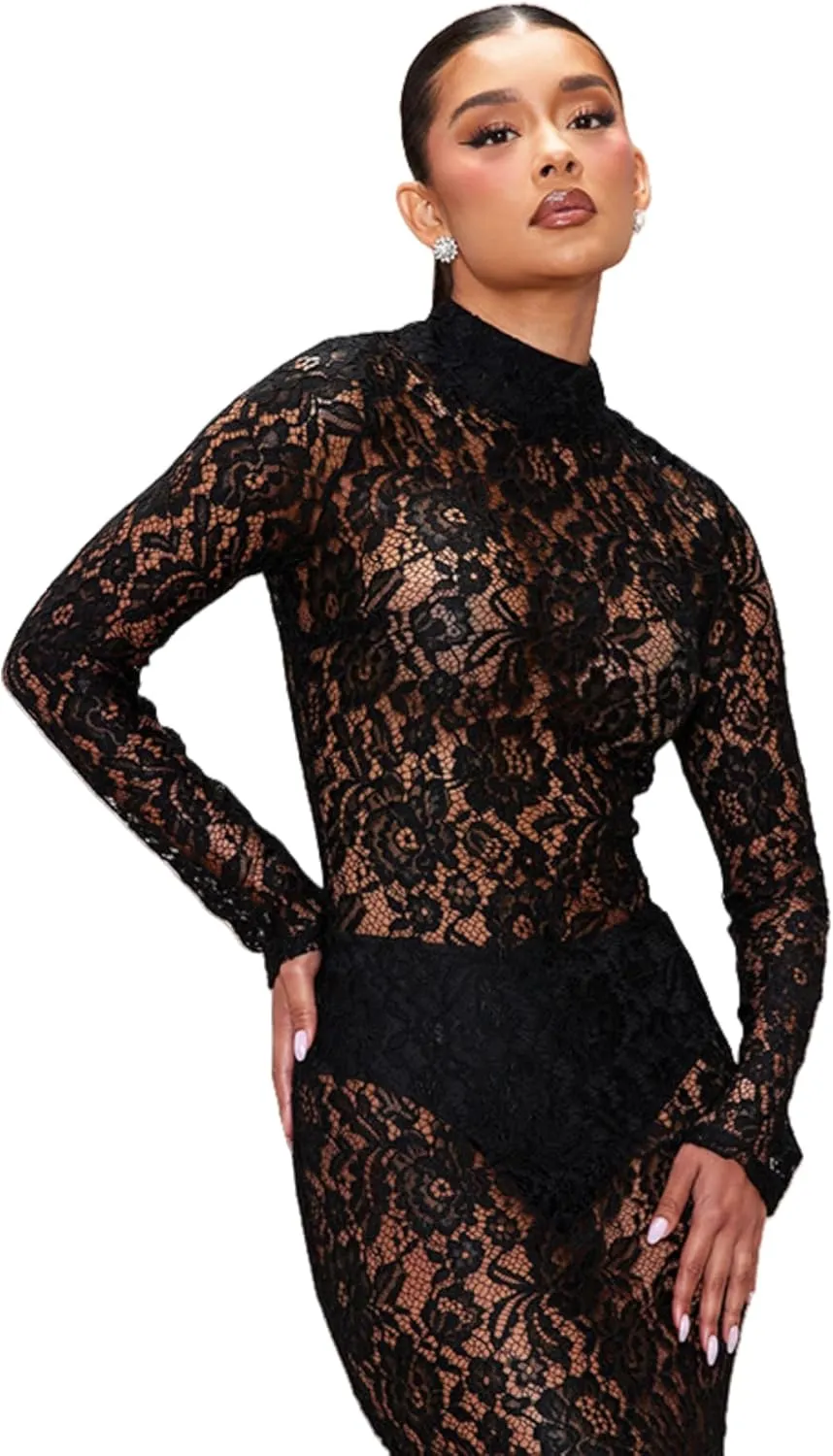 ZGMYC Women's Elegant Floral Lace Maxi Dress Sexy See Through Long Sleeve Evening Dress Party Cocktail Dress Beach Cover Ups