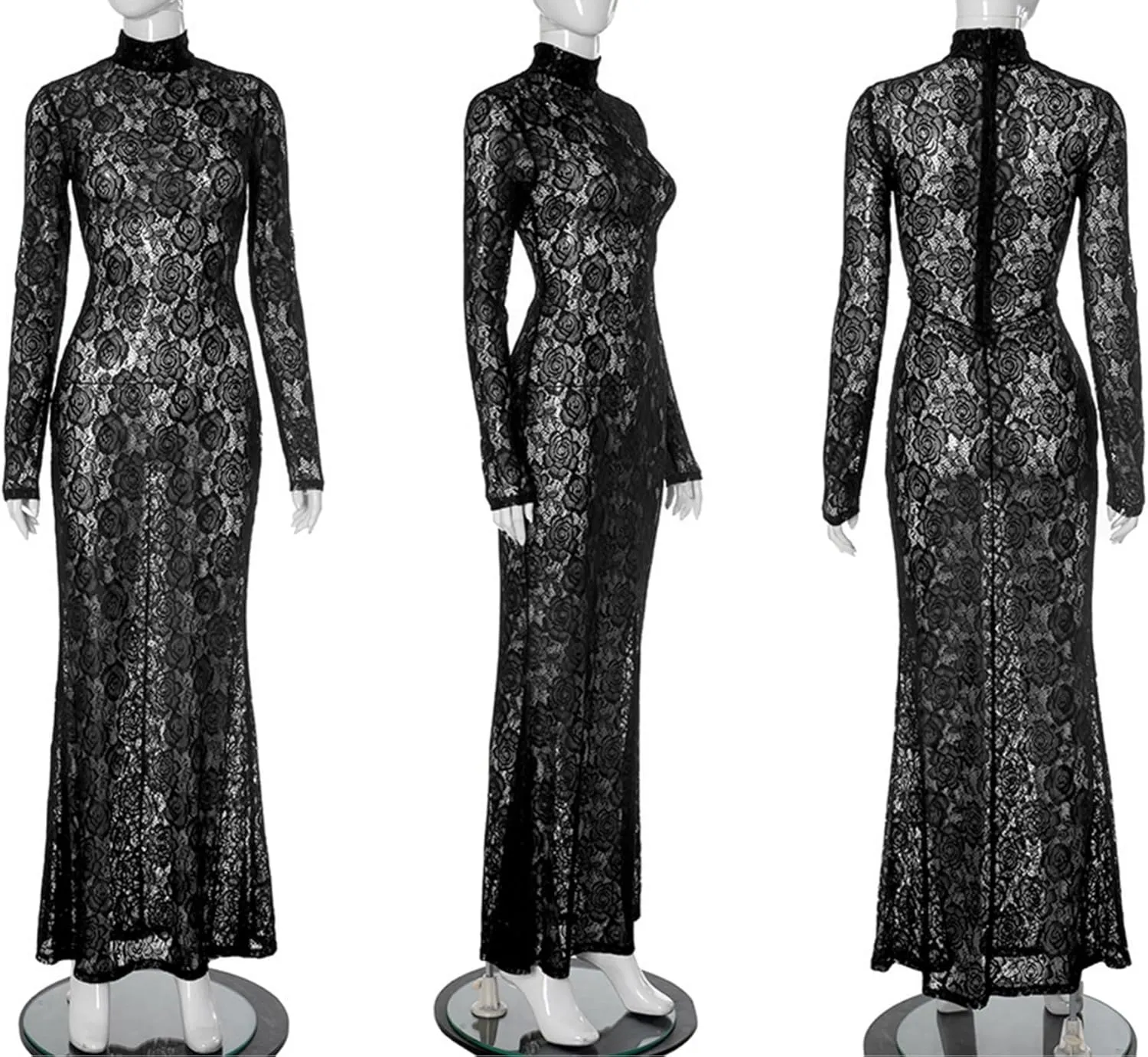 ZGMYC Women's Elegant Floral Lace Maxi Dress Sexy See Through Long Sleeve Evening Dress Party Cocktail Dress Beach Cover Ups