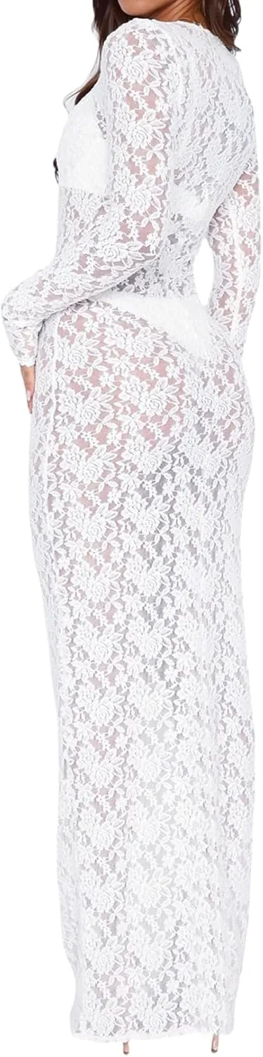 ZGMYC Women's Elegant Floral Lace Maxi Dress Sexy See Through Long Sleeve Evening Dress Party Cocktail Dress Beach Cover Ups