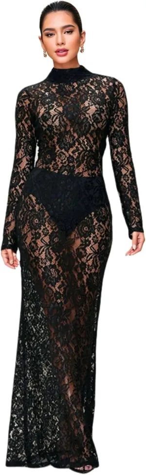 ZGMYC Women's Elegant Floral Lace Maxi Dress Sexy See Through Long Sleeve Evening Dress Party Cocktail Dress Beach Cover Ups