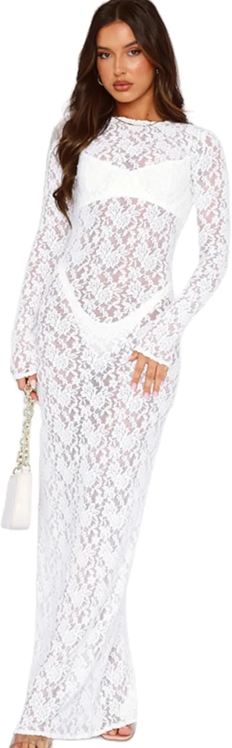 ZGMYC Women's Elegant Floral Lace Maxi Dress Sexy See Through Long Sleeve Evening Dress Party Cocktail Dress Beach Cover Ups