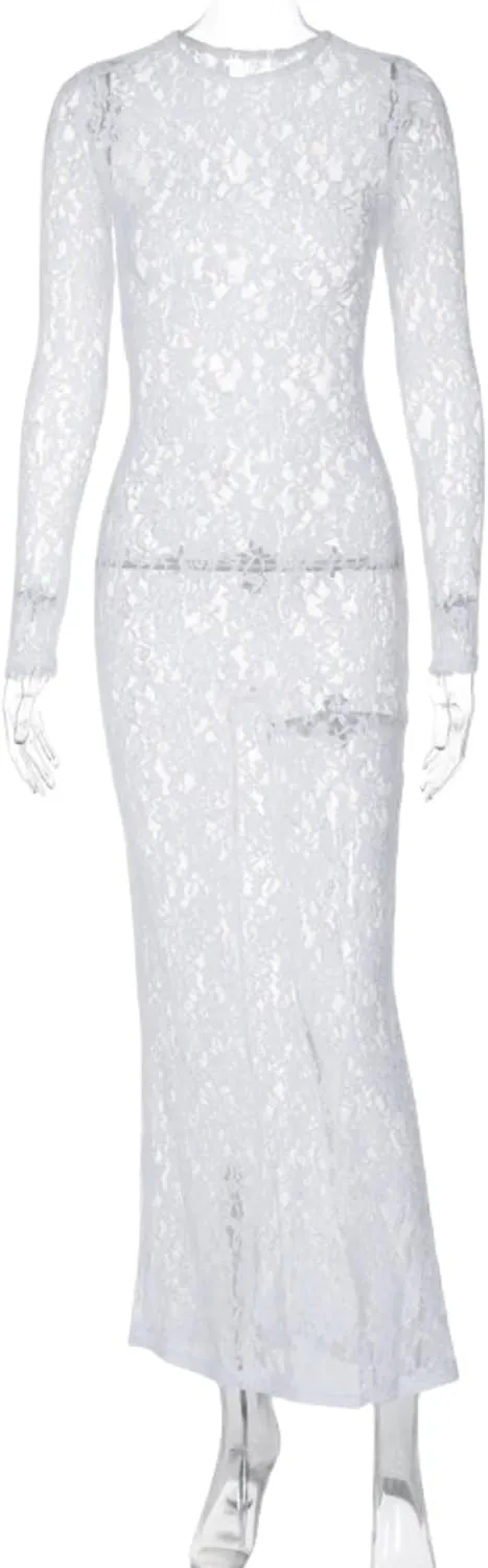 ZGMYC Women's Elegant Floral Lace Maxi Dress Sexy See Through Long Sleeve Evening Dress Party Cocktail Dress Beach Cover Ups