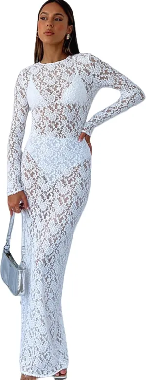 ZGMYC Women's Elegant Floral Lace Maxi Dress Sexy See Through Long Sleeve Evening Dress Party Cocktail Dress Beach Cover Ups