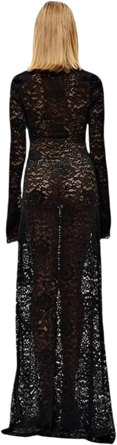 ZGMYC Women's Elegant Floral Lace Maxi Dress Sexy See Through Long Sleeve Evening Dress Party Cocktail Dress Beach Cover Ups