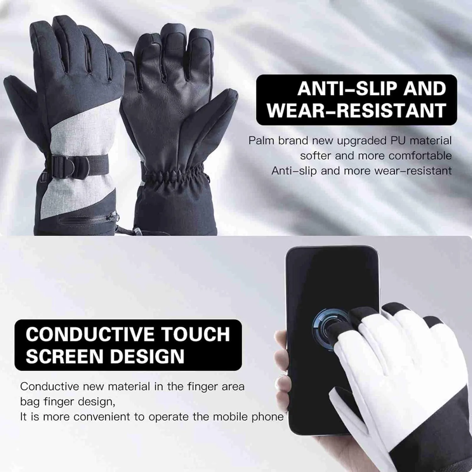 ZJchao Ski Gloves, Touchscreen Fingers Snow Ski Gloves Winter Gloves Winter Gloves Men Rope Design Driving Workout Running Hiking Cycling Snowboarding